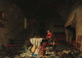 A kitchen with a maid preparing meat at a table - (after) Hendrick Maertensz. Sorch (see Sorgh)
