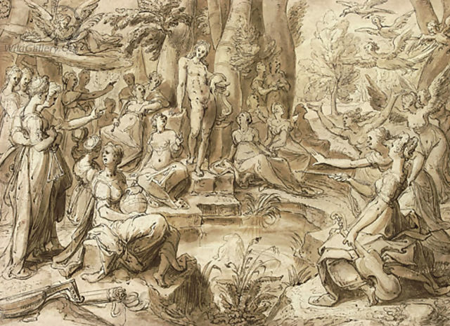 Apollo at the Castilian Spring, attended by the Muses and the Liberal Arts - (after) Hendrick Goltzius