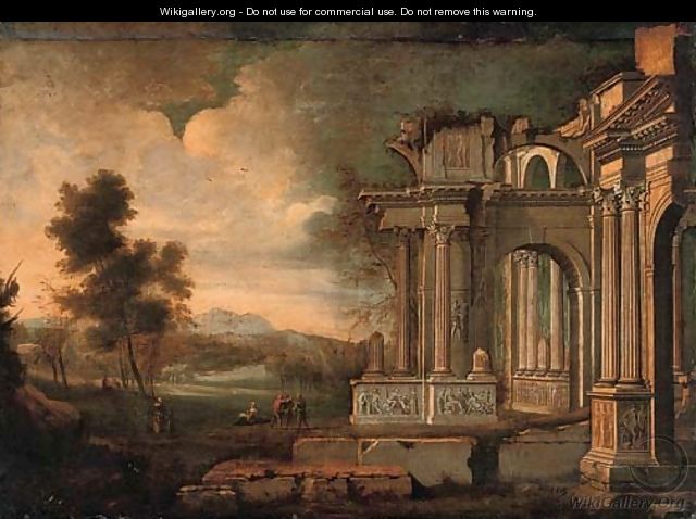 A capriccio of classical ruins with peasants conversing by a stream - (after) Hendrick Danckerts