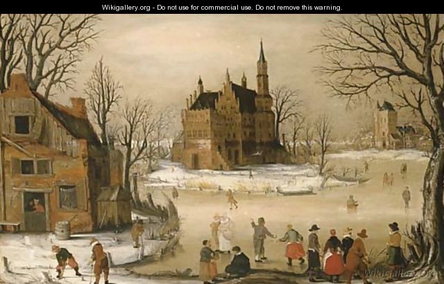 Figures in a winter landscape with a castle beyond - (after) Hendrick Avercamp