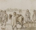 Figures by a horse-drawn sledge, skaters on the ice beyond - (after) Hendrick Avercamp