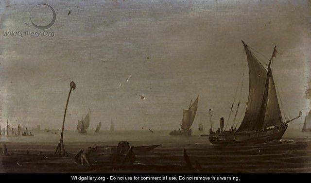 Shipping in calm waters with a moored vessel in the foreground - (after) Hans Goderis