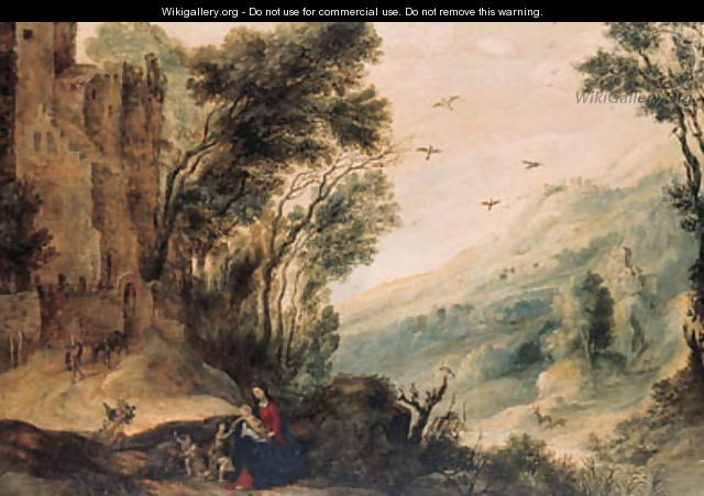 An extensive landscape with the Rest on the Flight into Egypt - (after) Gijsbrecht Leytens