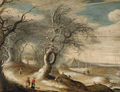 A winter wooded landscape with faggot-gatherers and peasants on paths - (after) Gijsbrecht Leytens