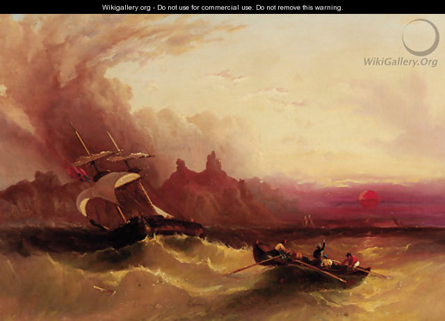 Shipping off the coast in choppy seas at sunset - (after) Henry Redmore