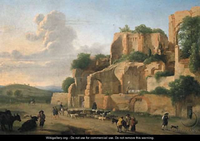The Palatine Hill seen from the Circus Maximus with drovers, livestock and other figures - (after) Hendrik Frans Van Lint