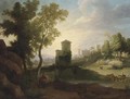 A classical landscape with a drover and cattle at a lake, a walled town beyond - (after) Hendrik Frans Van Lint