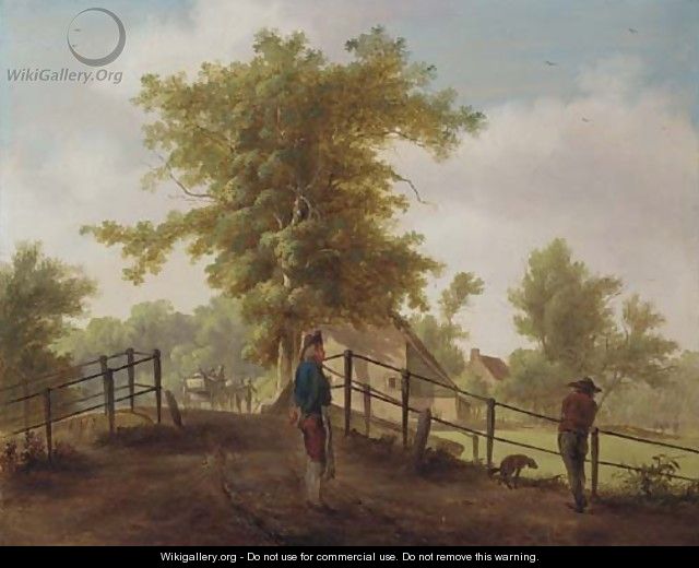 A landscape with two men and a dog on a bridge - (after) Hendrik De Meyer II