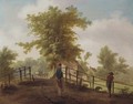 A landscape with two men and a dog on a bridge - (after) Hendrik De Meyer II