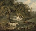 A countryman and horses in a wood, figures around a camp fire in the distance - (after) George Morland