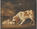 A spaniel with her pups in a barn - (after) George Garrard