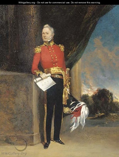 Portrait of an officer, small full-length, in uniform, holding the plan to a fort, a landscape beyond - (circle of) Chinnery, George (1774-1852)