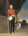 Portrait of an officer, small full-length, in uniform, holding the plan to a fort, a landscape beyond - (circle of) Chinnery, George (1774-1852)