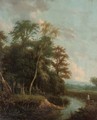 Anglers on a river bank in an evening landscape - (after) George Augustus Williams