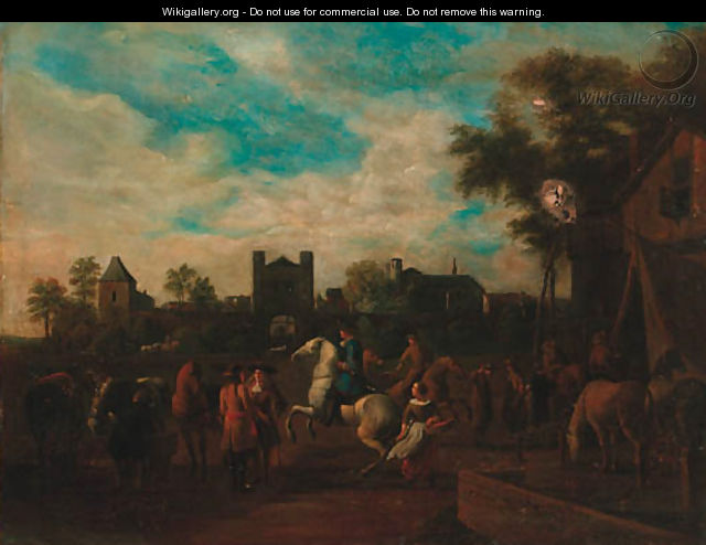 Grooms schooling horses before a tavern - (after) Gerrit Adriaensz Berckheyde