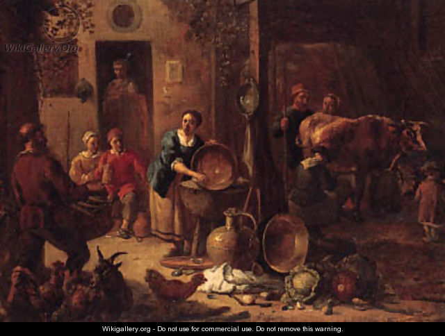 A peasant family in a farmyard with pots and pans, cabbages and poultry, a milkmaid in a stable beyond - (after) Gerard Thomas
