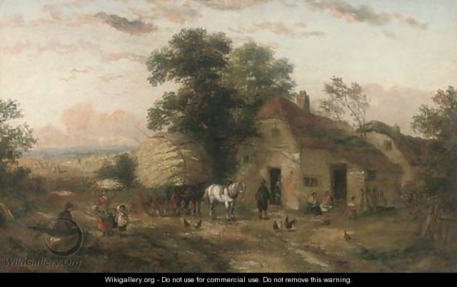 A hay cart and figures outside a farm; and At the village pump - (after) Georgina Lara