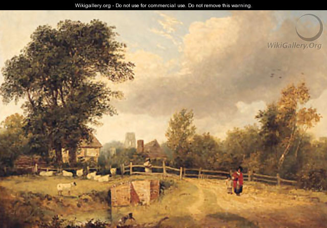 A Wooded River Landscape With Figures On A Path, A Village Beyond - (after) George Vincent