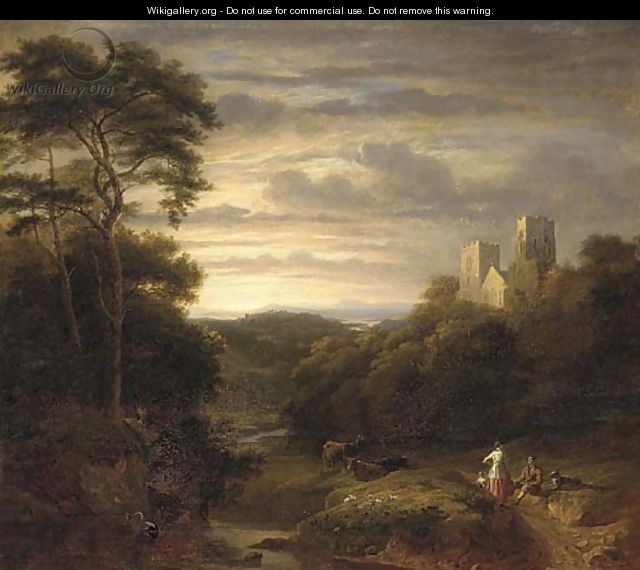 A family resting on a track, an abbey in an extensive landscape beyond - (after) George, Of Chichester Smith