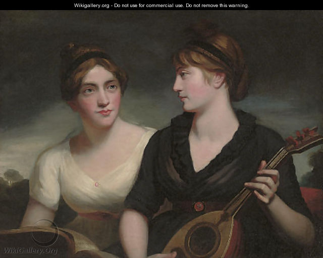 A double portrait of sisters, half-length, one in a black dress playing a lute, the other in a white dress holding a musical score, a landscape beyond - (after) Romney, George