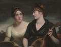 A double portrait of sisters, half-length, one in a black dress playing a lute, the other in a white dress holding a musical score, a landscape beyond - (after) Romney, George