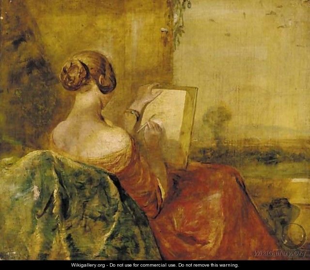 A lady sketching on a terrace - (after) George Richmond