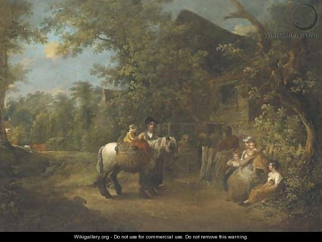 Figures by a cottage in a wooded landscape - (after) George Morland