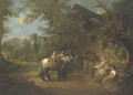 Figures by a cottage in a wooded landscape - (after) George Morland