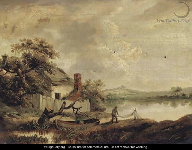 A fisherman sorting his nets by a lakeside cottage - (after) George Morland