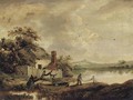 A fisherman sorting his nets by a lakeside cottage - (after) George Morland