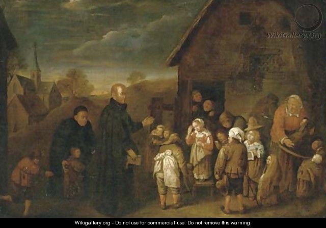 A clergyman visiting a village school - (after) Gillis Van Tilborgh