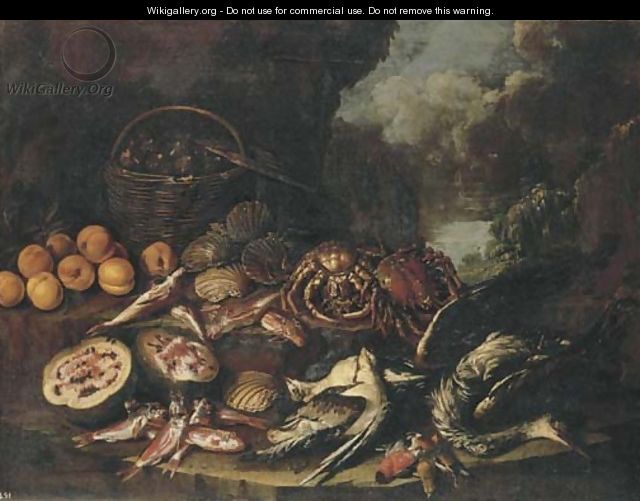 Figs in a basket, peaches, a watermelon, scallops, crabs, dead fish and birds on a ledge in a landscape - (attr. to) Recco, Giacomo