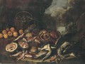 Figs in a basket, peaches, a watermelon, scallops, crabs, dead fish and birds on a ledge in a landscape - (attr. to) Recco, Giacomo