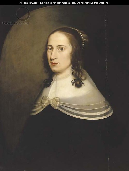 Portrait of a lady, half-length, in a black dress with a white collar and a pearl necklace - (after) Honthorst, Gerrit van