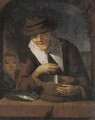 An old woman with a tub of fish at a casement - (after) Gerrit Dou