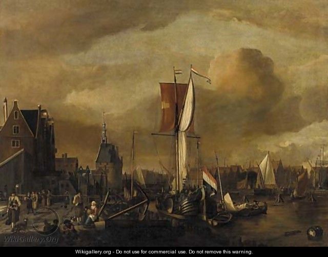 The harbour of Hoorn, with a moored Dutch galjoot and peasants on the quay - (after) Gerrit Adriaensz Berckheyde