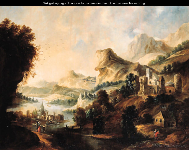 An extensive Rhenish landscape with an elegant couple and travellers on a path above a valley - (after) Gerrit Van Battem