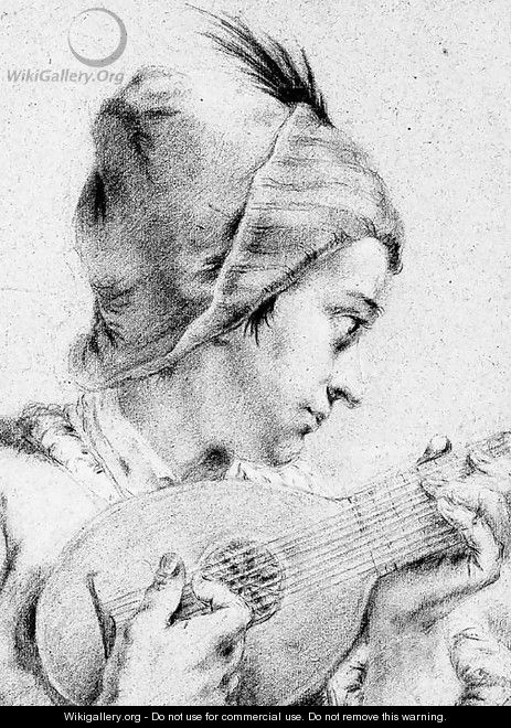 A boy in a feathered hat, playing a mandolin, bust length - (after) Giovanni Battista Piazzetta
