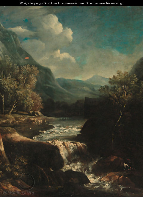 An Italianate rocky river landscape with travellers on a track - Circle Of(after) Giovanni Battista Busieri