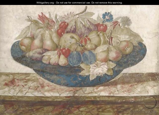 A dish of pears, plums, cherries and figs with a spray of flowers - (after) Giovanna Garzoni