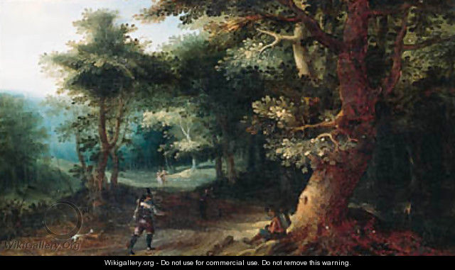 A sportsman and a traveller on a path in the wood - (after) Gillis Van Coninxloo