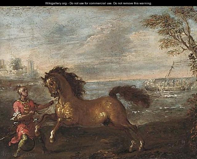 A coastal inlet with a Turk attending a horse - (after) Francesco Simonini