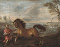 A coastal inlet with a Turk attending a horse - (after) Francesco Simonini
