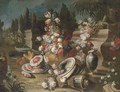 A landscape garden with urns, platters, ewers of mixed flowers and melons - (after) Francesco Lavagna