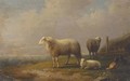Sheep and chickens in a meadow, a town beyond - (after) Francois Vandeverdonck