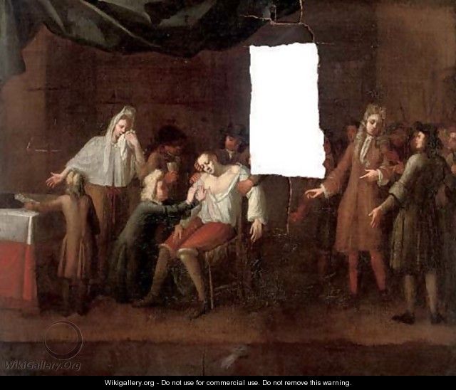 An interior with a doctor operating on a patient - (after) Hayman, Francis