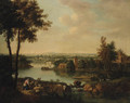 An extensive River Landscape with a Maid milking Goats on a Bank, a Village beyond - (after) Francesco Zuccarelli
