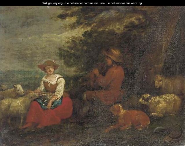 A shepherd playing a flute to a shepherdess with sheep and a dog - (after) Francesco Zuccarelli