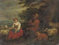 A shepherd playing a flute to a shepherdess with sheep and a dog - (after) Francesco Zuccarelli