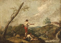 An Italianate Landscape with Fishermen on the Banks of a Stream, a Water Carrier nearby - (after) Francesco Zuccarelli